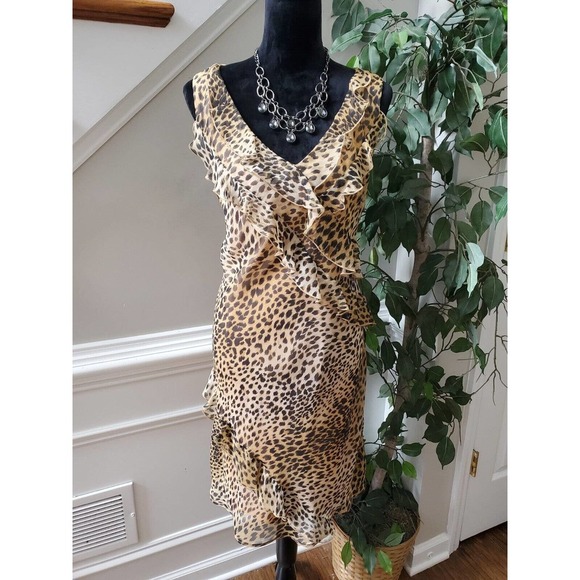 Scarlett Beige & Brown Leopard Polyester V-Neck Sleeveless Knee Length Dress 12 - Picture 1 of 12